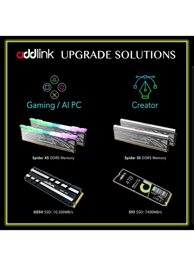 addlink G55H 1TB PCIe Gen5 NVMe M.2 SSD with Heatsink - Up to 10,200 MB/s - Game Ready - Internal Solid State Drive - Compatible with PCs and PS5  - Image 2