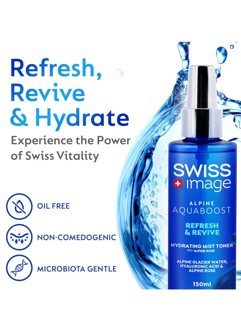 SWISS image Aquaboost Face Toner With Hyaluronic Acid And Alpine Rose Extract, 150 Ml Hydrating Spray With Oil-Free, Non-Sticky, Non-Greasy And Quickly Absorbing Formula Suitable For All Skin Types Swiss Made  - Image 2