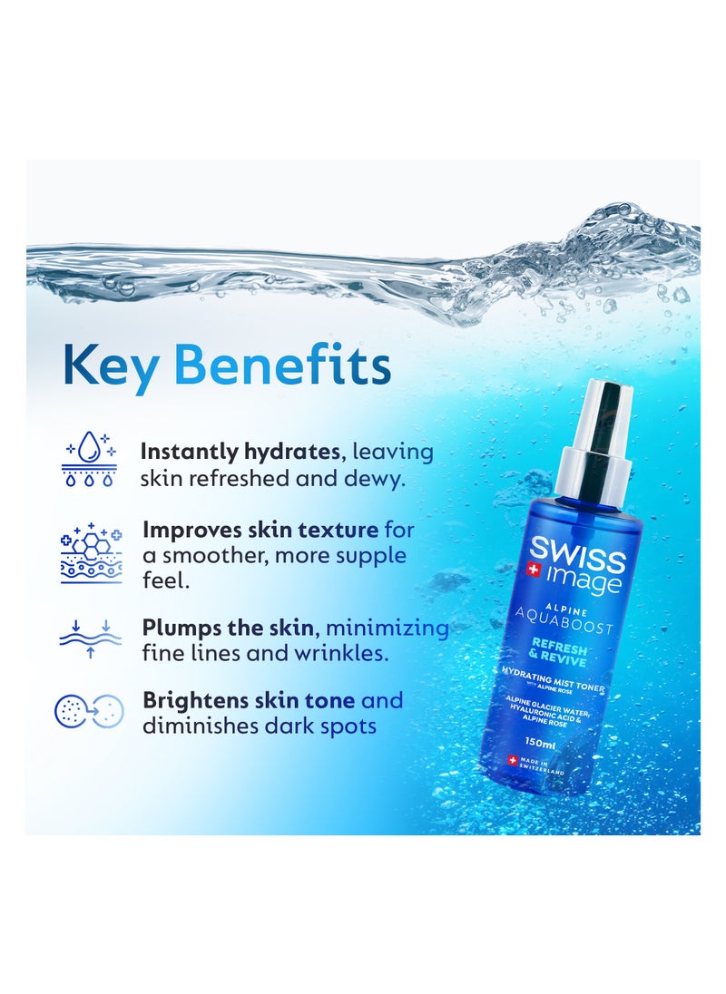 SWISS image Aquaboost Face Toner With Hyaluronic Acid And Alpine Rose Extract, 150 Ml Hydrating Spray With Oil-Free, Non-Sticky, Non-Greasy And Quickly Absorbing Formula Suitable For All Skin Types Swiss Made  - Image 4