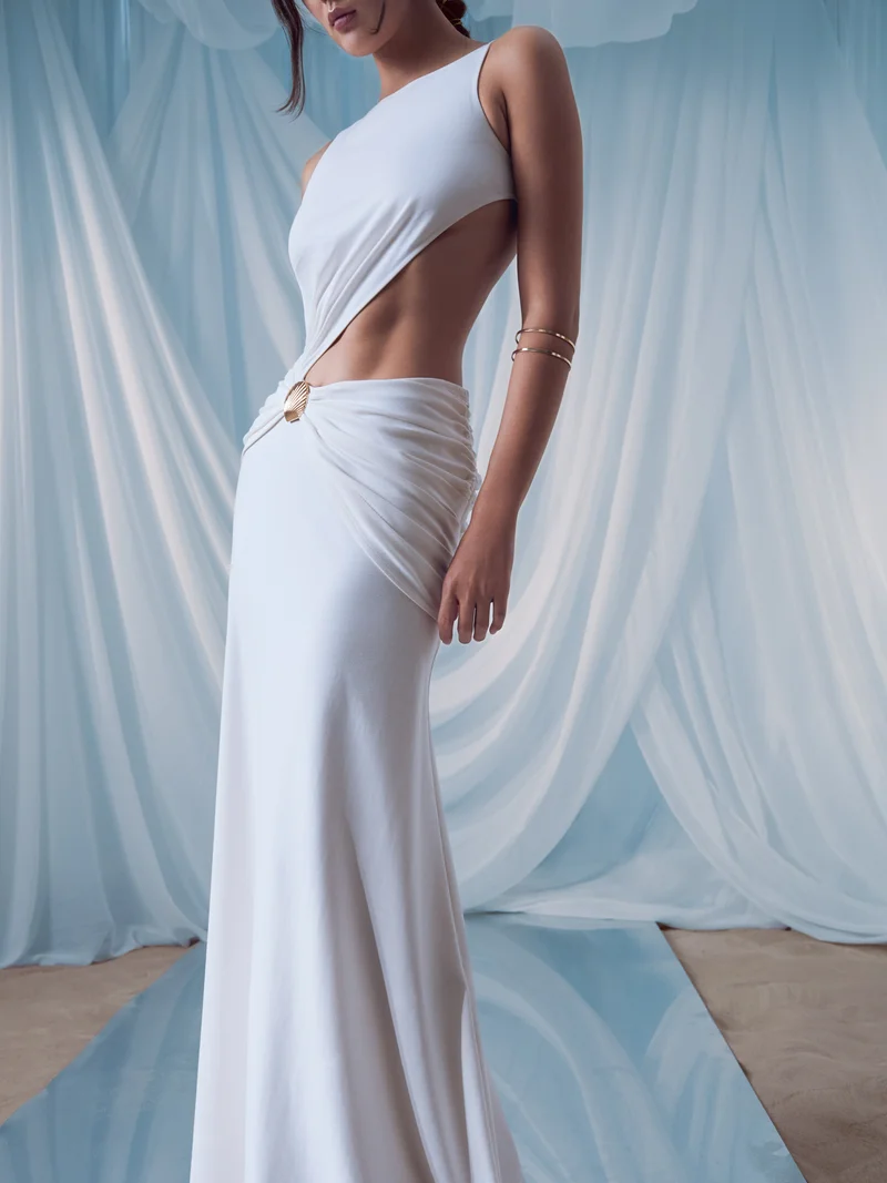 Lichi Maxi dress with hip draping and shell decorations