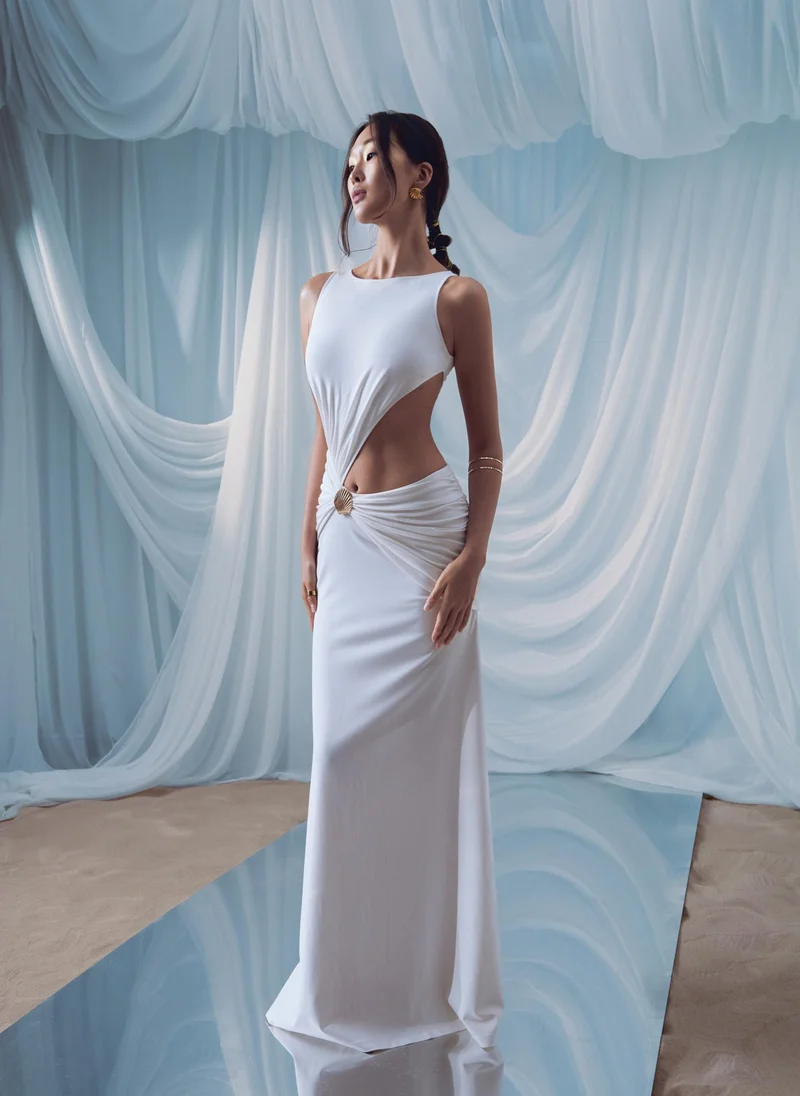 Lichi  Maxi dress with hip draping and shell decorations for Women | Best Price UAE