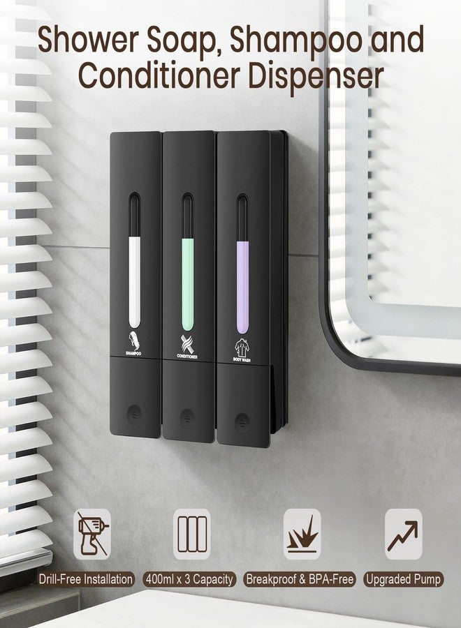 ViserVita 3 Chamber Shampoo and Conditioner Dispenser, No Drill - Wall Mounted Shower Soap Dispenser, Refillable Body Wash Dispenser Set 3, 1200ML Large Capacity, for Bathroom & Hotel, Black - Image 2