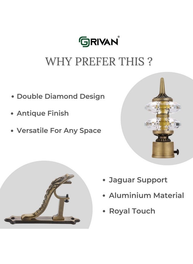 GRIVAN GRIVAN Aluminium Double Diamond Curtain Brackets Parda Holders with Jaguar Support Fittings 1 Inch Rod Pocket Finials Designer Door and Window (Antique Pair of 6)  - Image 3