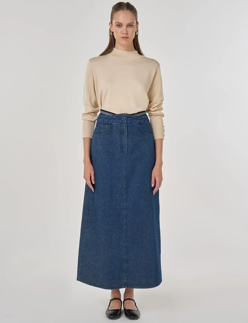 Kayra Denim Skirt with Waistband in Indigo