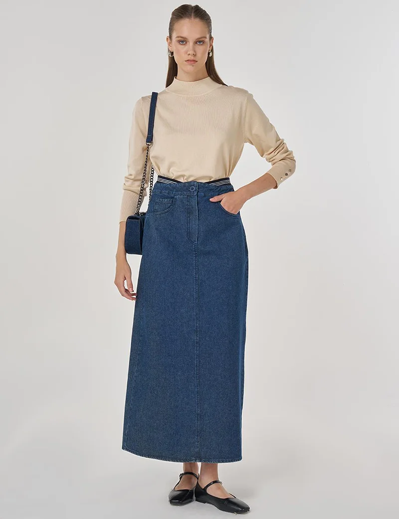 Kayra Denim Skirt with Waistband in Indigo