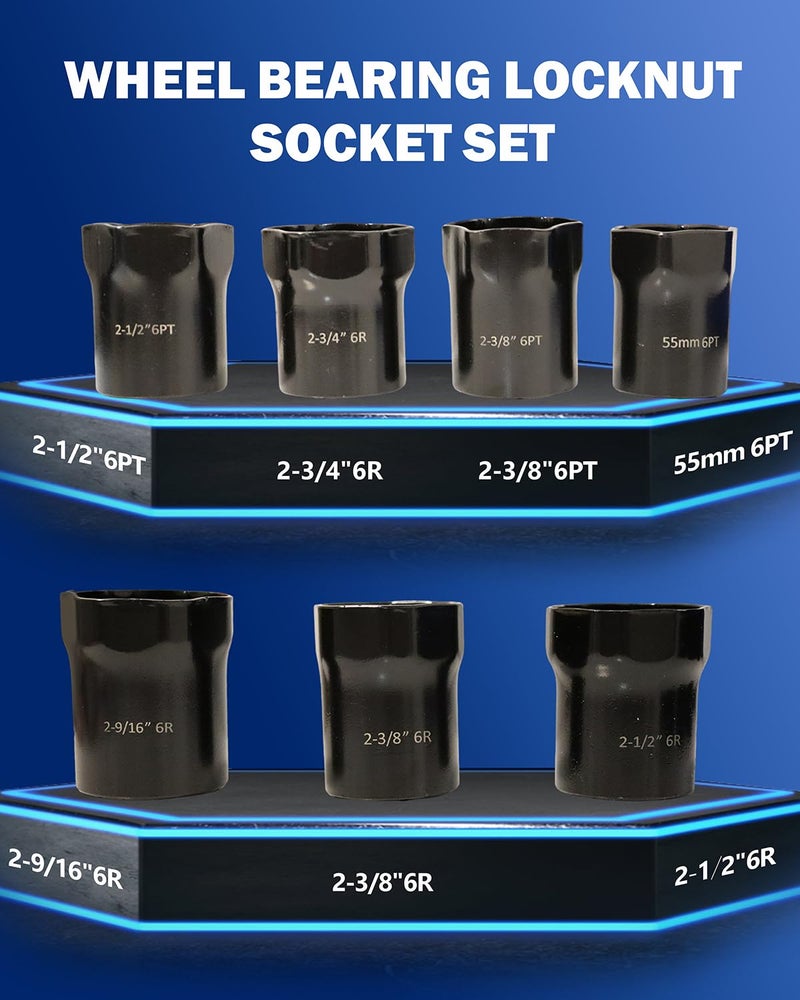 VEHIRETL Wheel Bearing Locknut Socket Set 7 Piece Wheel Bearing Lock Nuts Removal and Installation Tool Kit 1/2 Inch Drive SAE and Metric 6-Point Axle Nut Socket Compatible with Dodge, Ford and Toyota - Image 2