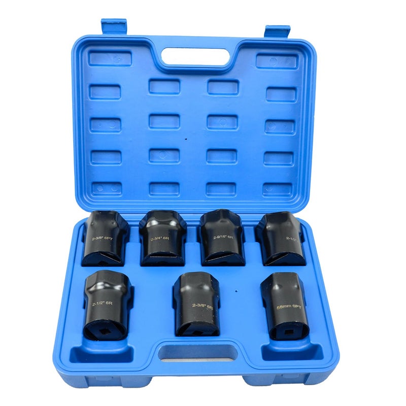 VEHIRETL Wheel Bearing Locknut Socket Set 7 Piece Wheel Bearing Lock Nuts Removal and Installation Tool Kit 1/2 Inch Drive SAE and Metric 6-Point Axle Nut Socket Compatible with Dodge, Ford and Toyota - Image 1