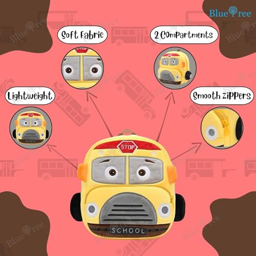 blue tree School Bag for Cute Kids for (1-6 Years), Nursery Soft Plush Yellow School Bus Bag for Toddlers, Mini Cartoon Backpack for Boys and Girls - Image 3