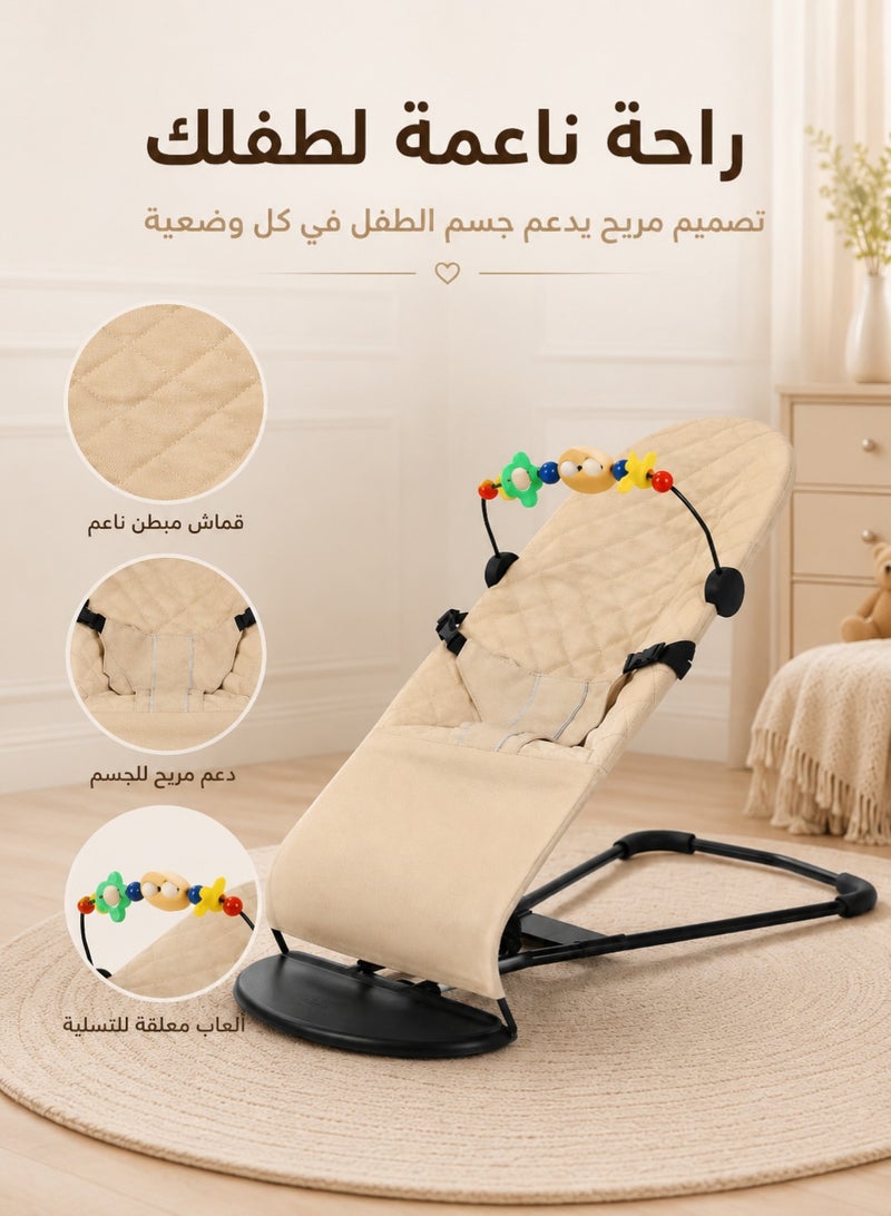 سعيد كرسي هزاز محمول للأطفال حديثي الولادة مزود بحزام أمان ثلاثي النقاط، بيج - Image 3