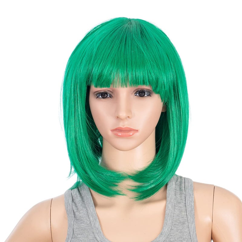 SWACC Short Straight Bob Wig with Bangs Synthetic Colorful Cosplay Daily Party Flapper Wig for Women with Wig Cap Green