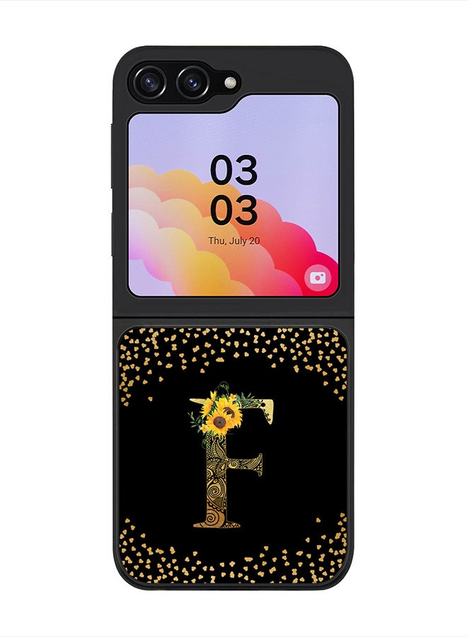 Stylizedd Rugged Black Cover for Samsung Galaxy Z Flip5 Case, Slim Fit Soft Cases-  Custom Monogram Initial Letter Mandala Floral Pattern Alphabet- F (Black) - Image 1