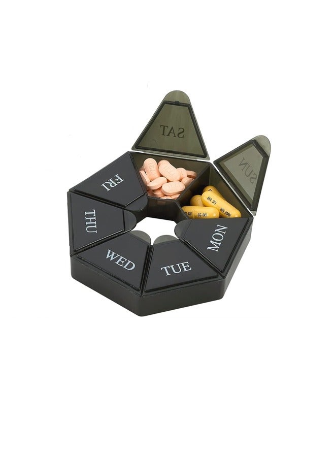 Bukela Weekly Pill Organizer, Portable Pocket Travel Pill Box with Compartments, Pill Box and Vitamins, 7-Sided Pill Organizer for Cod Liver Oil and Supplement Storage, Black  - Image 1