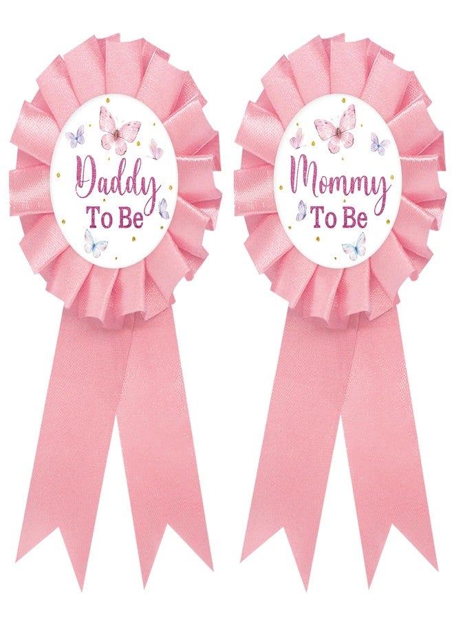 SUPERLUBY Butterfly Mom to Be Tinplate Badge Pin, Butterfly Daddy to Be Pin, Gender Reveal Button for New Parents, Pink Rosette Mom to Be Award Ribbon, Insects Baby Shower Party Favors - Image 1