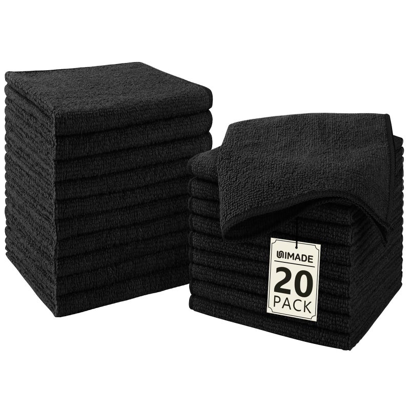 UNIMADE Washcloths - 20 Pack - Face Towels (12" x 12"), Highly Soft Wash Cloths and Hand Towels, Fast Drying Multi-Purpose Microfiber Cleansing Cloths for Bathroom, Hotel, Spa, and Salon - Black - Image 1