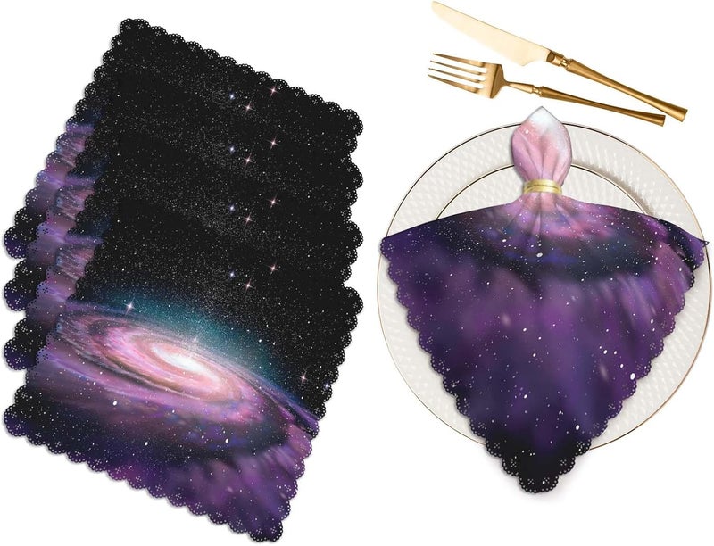 Yibeas Purple Spiral Galaxy Cloth Table Napkins Set of 4 Universe Stars Shine Beautiful Glow Polyester Washable Decoration Dinner Napkins for Kitchen 18 x 18 inch - Image 1