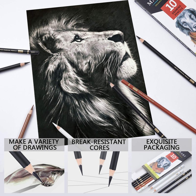 MARKART Professional Colored Charcoal Pencils Drawing Set, 10 Pieces Black White Charcoal Pencils for Sketching, Shading, Blending, Pastel Chalk Pencils for Beginners & Artists - Image 4