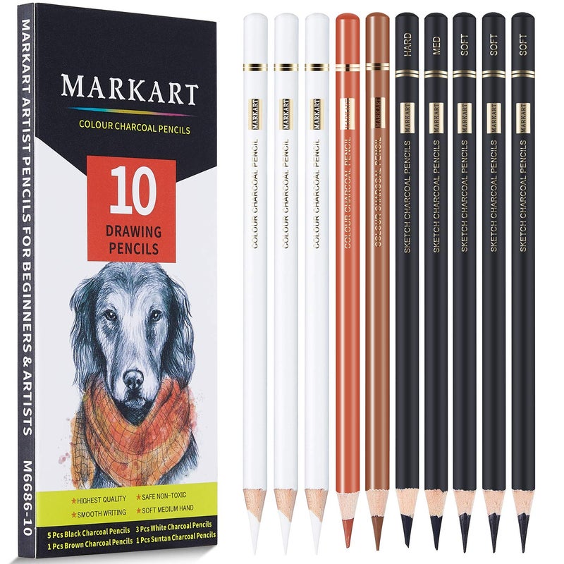 MARKART Professional Colored Charcoal Pencils Drawing Set, 10 Pieces Black White Charcoal Pencils for Sketching, Shading, Blending, Pastel Chalk Pencils for Beginners & Artists - Image 1