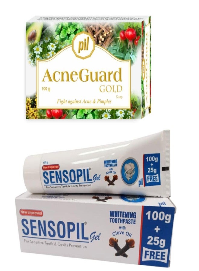 Pil Combo of Acneguard Gold Soap (100g) With Sensopil Gel (125g) | With Blend Of Natural Ingredients | For Sensitive Teeth, Cavity Prevention and Clears Pores | Trusted By Dermatologists
