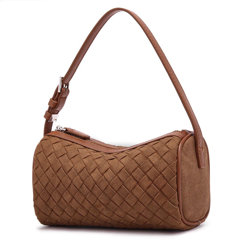 Sumrains Mini Purse Woven Bag for Women: Vegan Leather Suede Shoulder Bag - Small Barrel Bag Little Crossbody Handbag (Brown) - Image 1