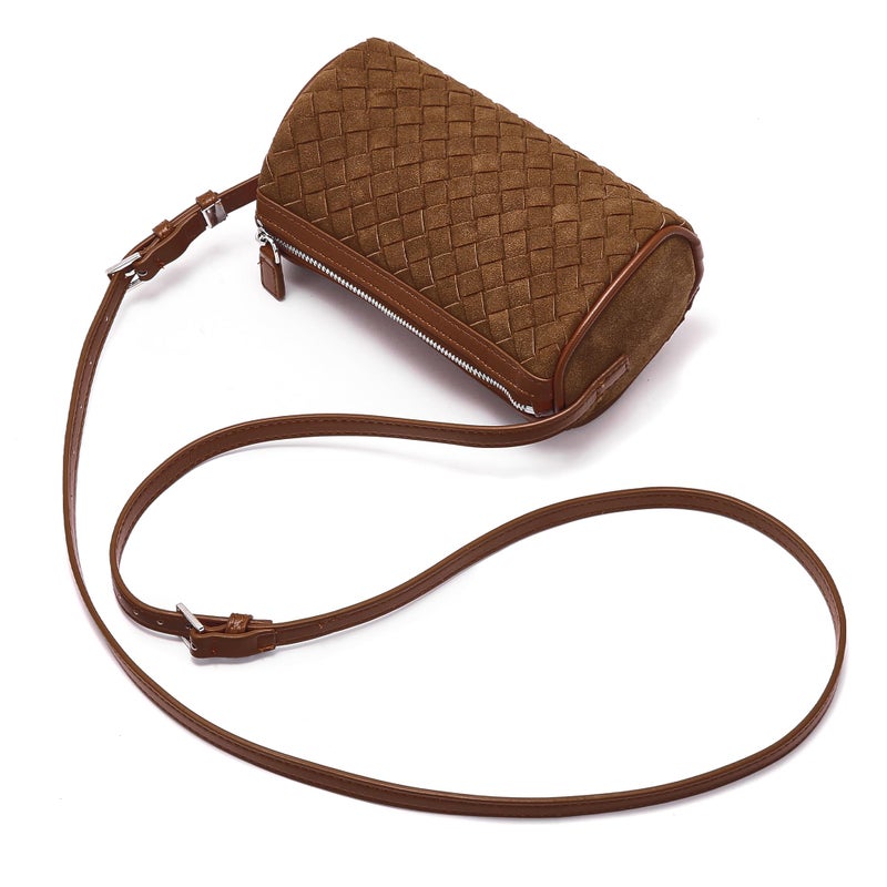 Sumrains Mini Purse Woven Bag for Women: Vegan Leather Suede Shoulder Bag - Small Barrel Bag Little Crossbody Handbag (Brown) - Image 3
