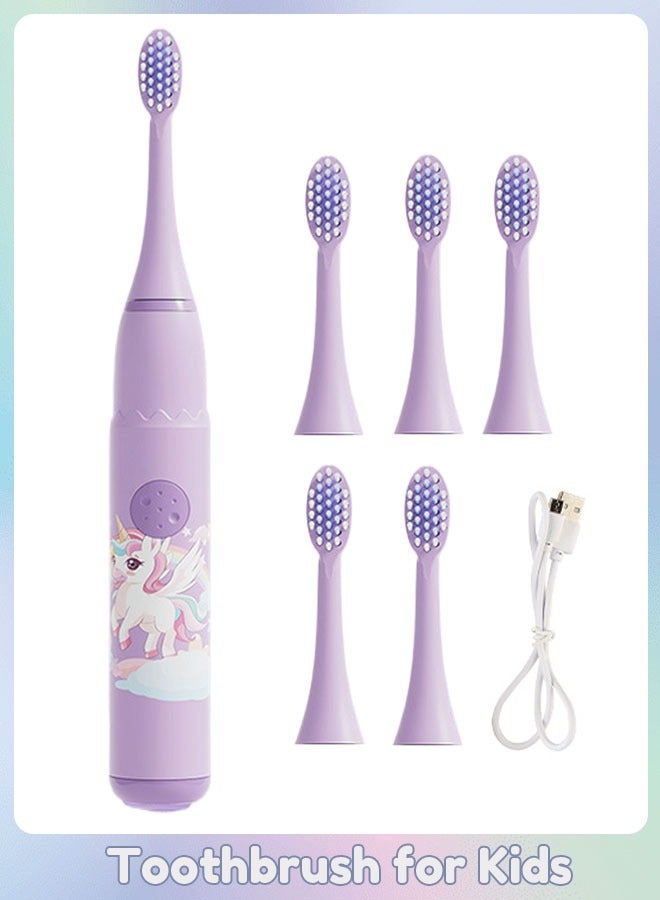 Sharpdo Kids Electric Toothbrush Rechargeable, Children Tooth Brush with Timer, Sonic Toothbrushes with 6 Brush Heads, Unicorn, Purple - Image 1