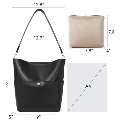 BOSTANTEN Women's Leather Designer Handbags Tote Purses Shoulder Bucket Bags with 2 Shoulder Strap, Black 9" L×5" W×12" H - Image 3
