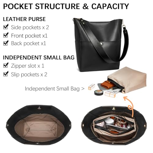 BOSTANTEN Women's Leather Designer Handbags Tote Purses Shoulder Bucket Bags with 2 Shoulder Strap, Black 9" L×5" W×12" H - Image 4