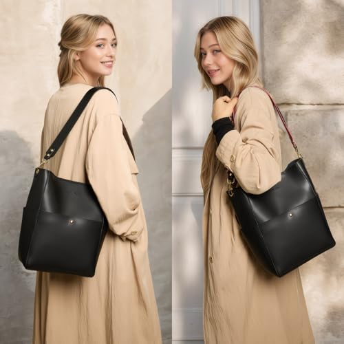 BOSTANTEN Women's Leather Designer Handbags Tote Purses Shoulder Bucket Bags with 2 Shoulder Strap, Black 9" L×5" W×12" H - Image 2