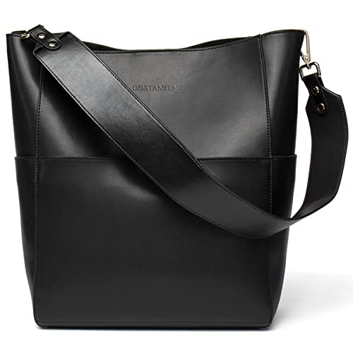BOSTANTEN Women's Leather Designer Handbags Tote Purses Shoulder Bucket Bags with 2 Shoulder Strap, Black 9" L×5" W×12" H - Image 1
