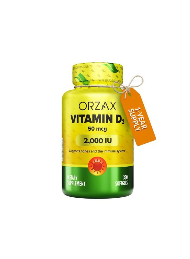 ORZAX Vitamin D3 2000 iu (50 mcg) - 1 Year Supply for Strong Muscle Function and Immune Support - Mood Supplement for Wellness (360 Softgel) - Image 1