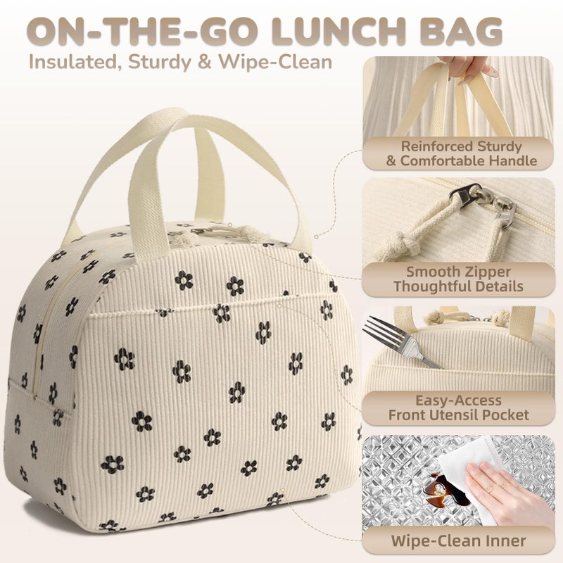 Baglemon Lunch Bag for Women Men Cute Corduroy Lunch Tote Bags Reusable Insulated Lunch Box Large Capacity Reusable Insulated Cooler for Work/Picnic/Travel - Image 3