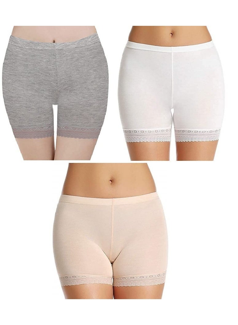 Glamroot Women's/Girl's Cotton Lycra Shorts with Lace Trim Cycling Shorts/Safety Shorts/Under Skirt Shorts/Night Shorts, White/Beige/Grey, Pack Of 3 - Image 1