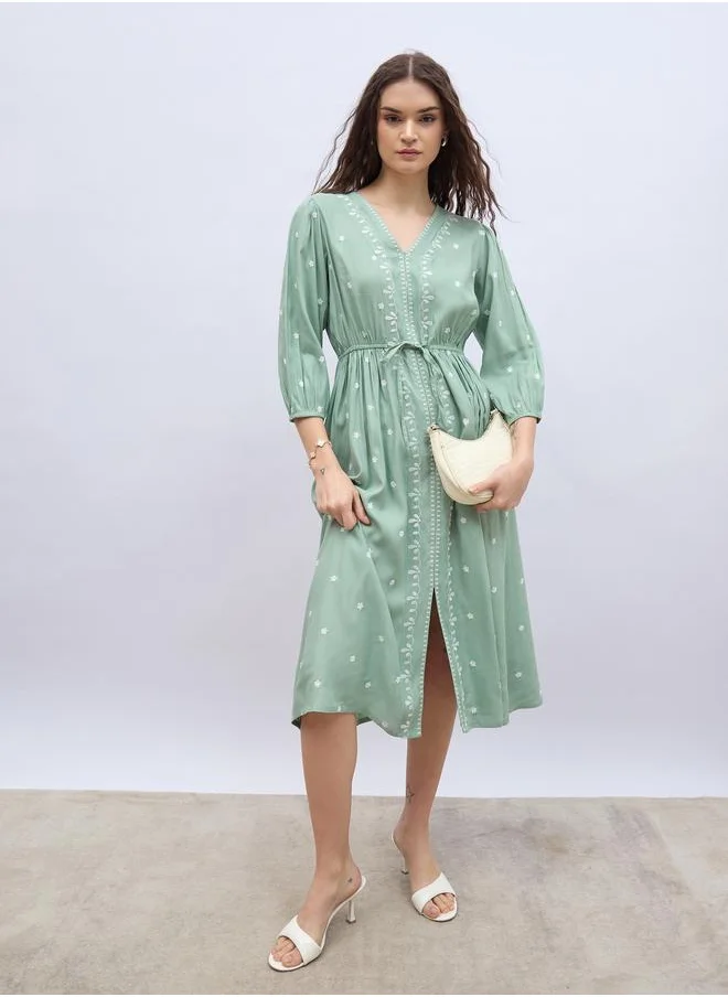 ستايلي Styli Embroidered Balloon Sleeve A-Line Midi Dress