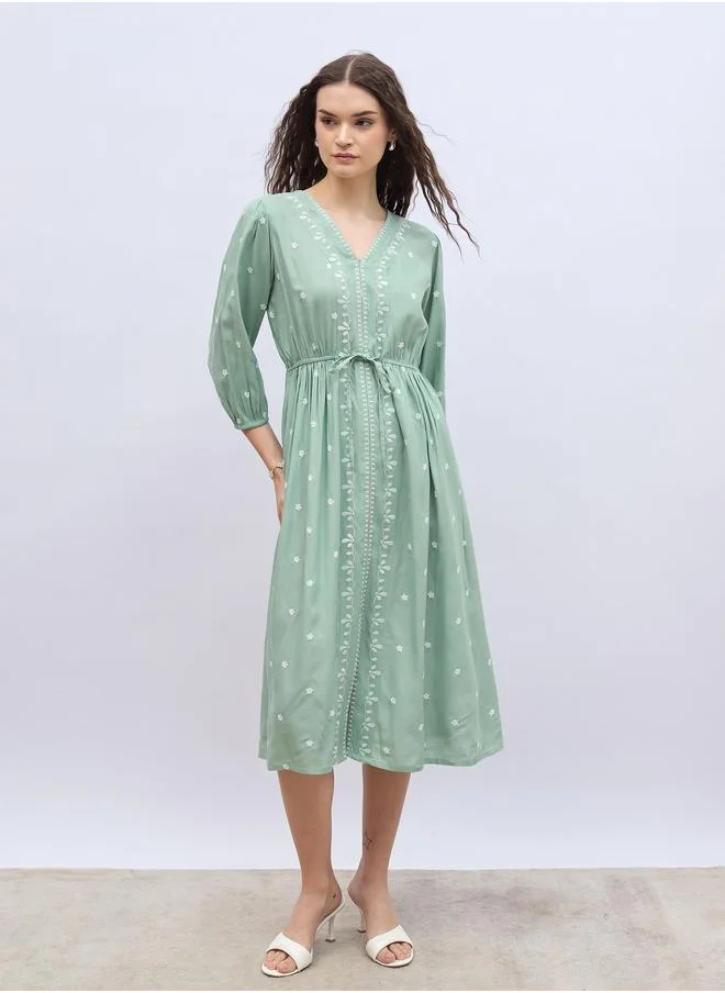 ستايلي Styli Embroidered Balloon Sleeve A-Line Midi Dress