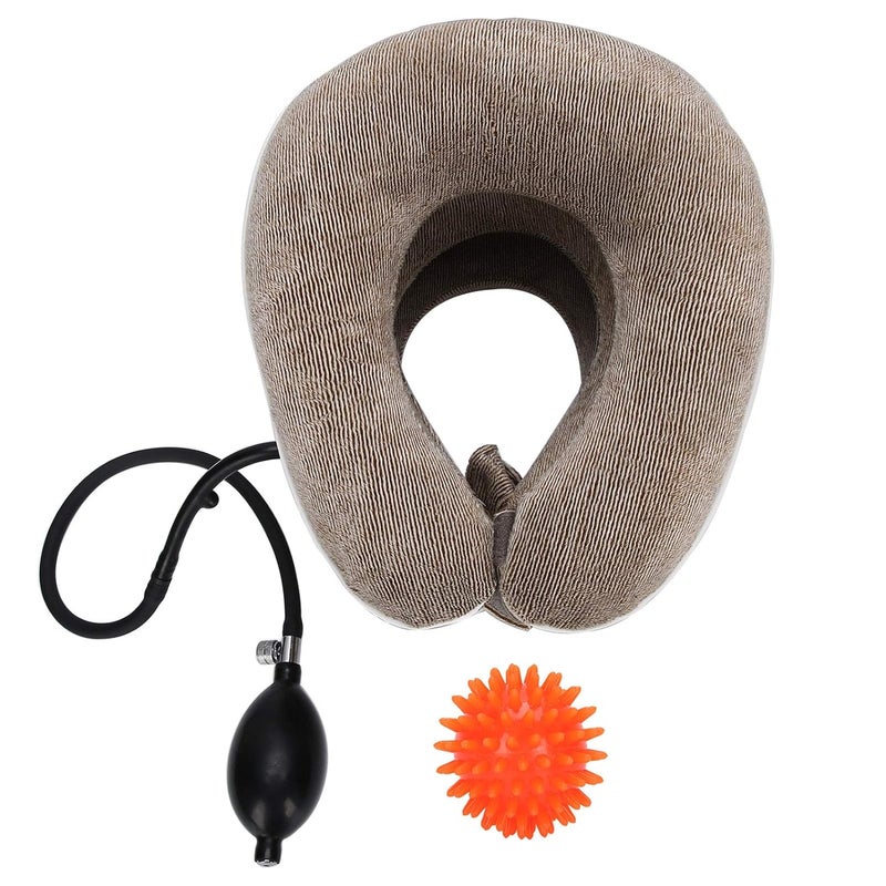 klarako Cervical Collar, 1 Inflatable Cervical Collar Household Neck Traction Device Tractor Support with Massage Ball(Brown) - Image 1