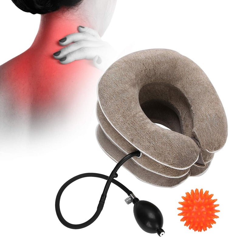 klarako Cervical Collar, 1 Inflatable Cervical Collar Household Neck Traction Device Tractor Support with Massage Ball(Brown) - Image 2