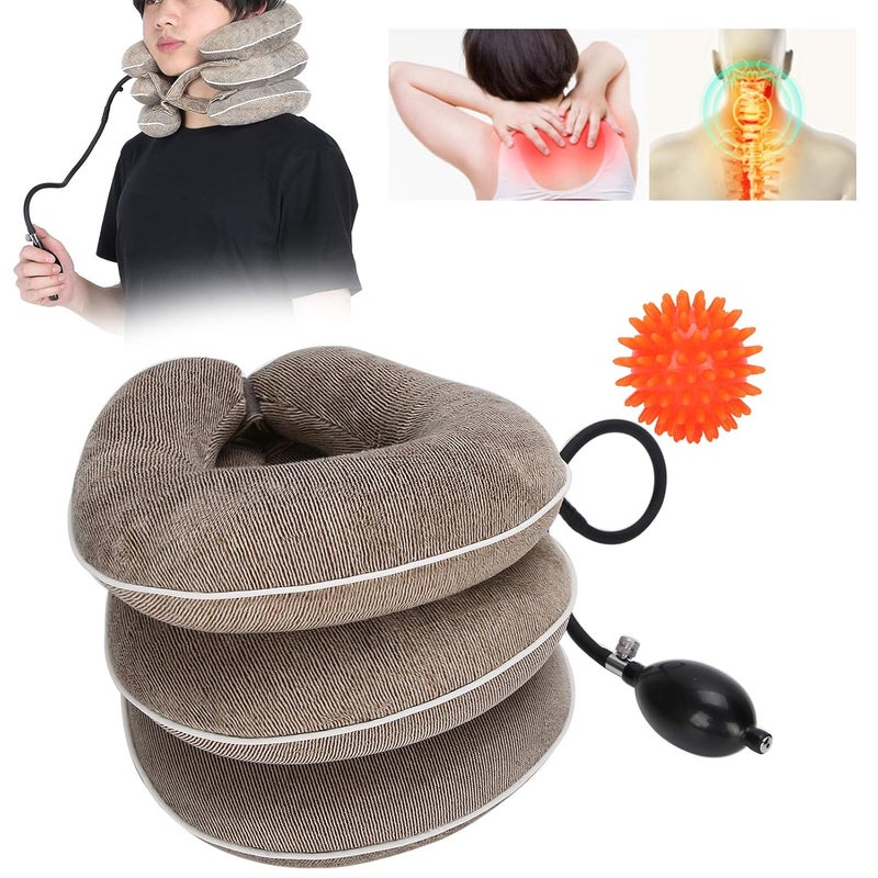 klarako Cervical Collar, 1 Inflatable Cervical Collar Household Neck Traction Device Tractor Support with Massage Ball(Brown) - Image 4