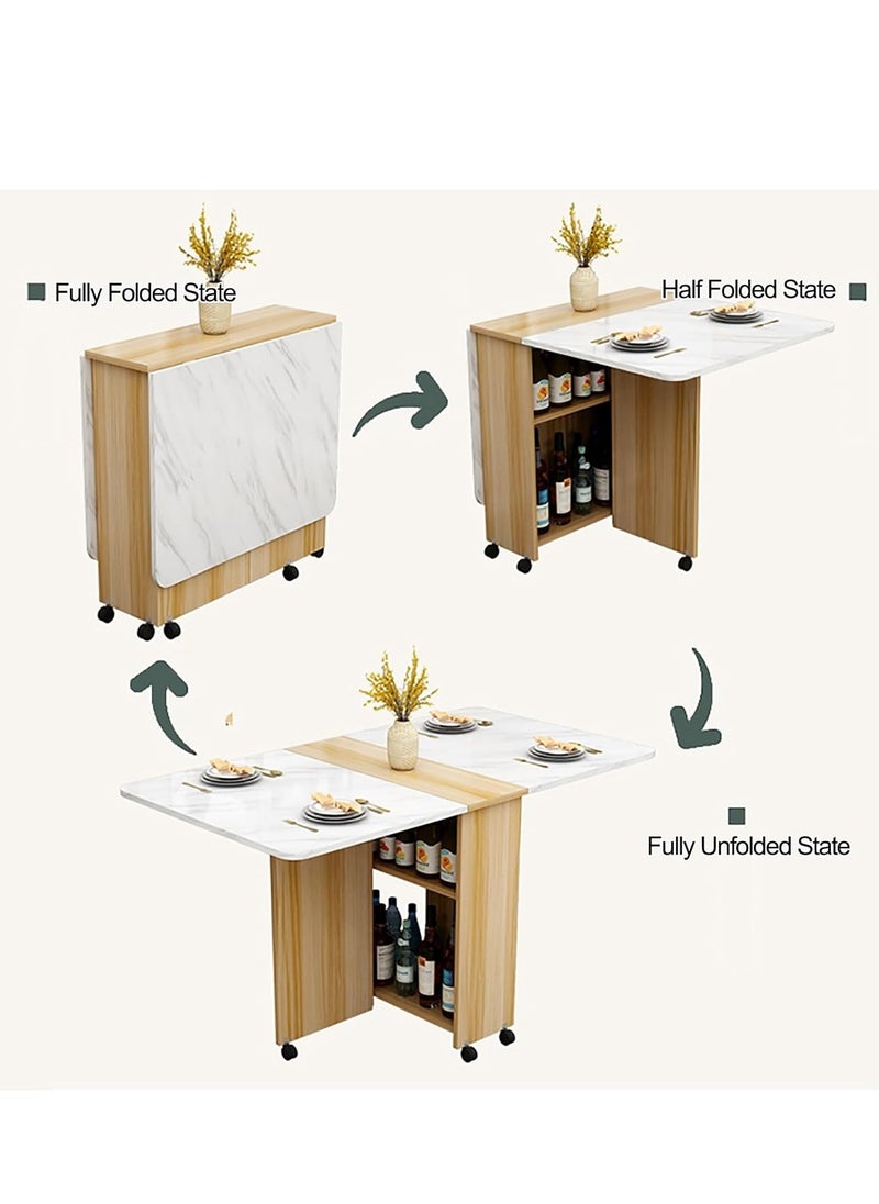 Mobile Drop Leaf Table Folding Kitchen Table Extendable Dining Table for Small Spaces with 6 Wheels & Storage Shelf for Dining Room Kitchen Party