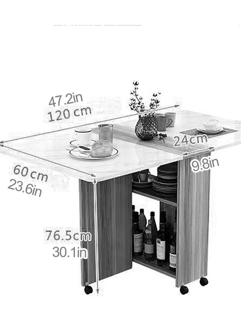 Mobile Drop Leaf Table Folding Kitchen Table Extendable Dining Table for Small Spaces with 6 Wheels & Storage Shelf for Dining Room Kitchen Party