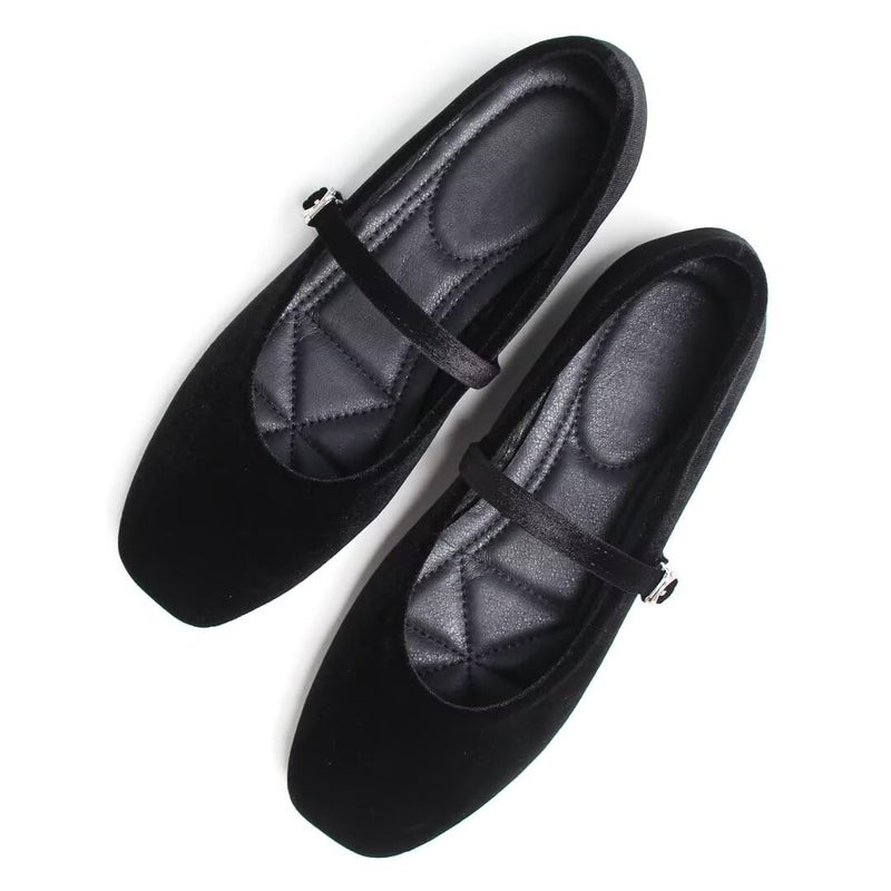 Stunner Velvet Flats for Women Womens Mary Jane Shoes Retro Square Toe Ballet Flats Comfortable Buckle Strap Flats Black 4295