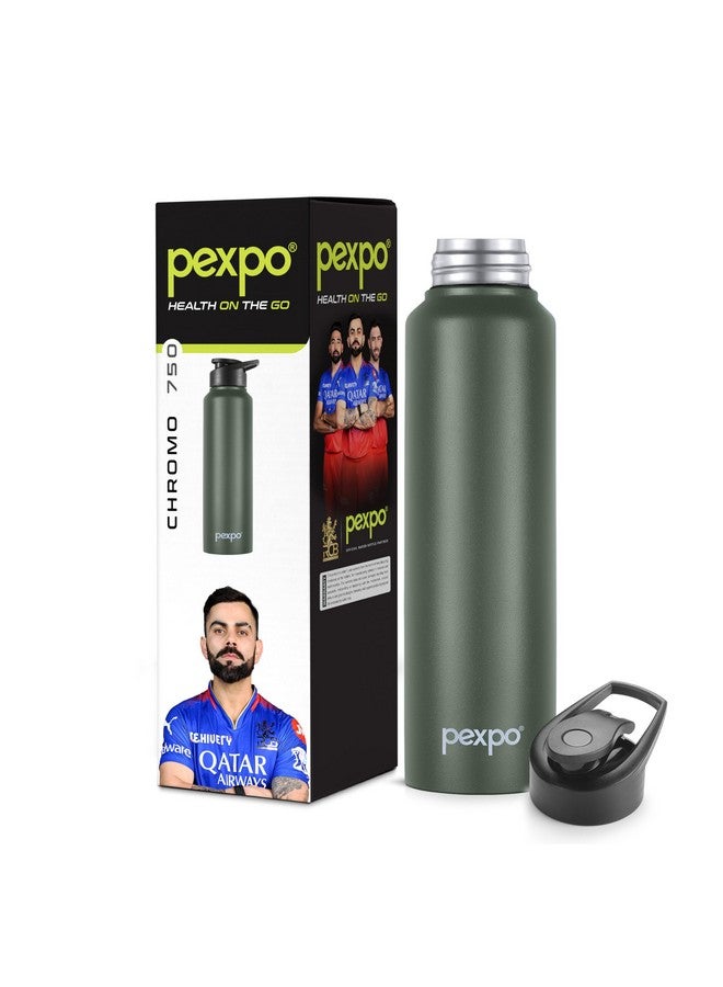PEXPO Chromo Pro ISI Certified Stainless Steel Sports/Fridge Sipper Water Bottle, 750ml, Military Green | Eco friendly|Water Bottle for Office, Gym, School, Yoga, Trekking | RCB Edition - Image 1