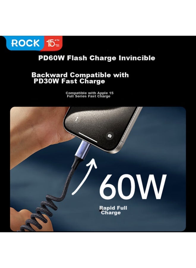 Rock Dual-head Type-c Data Cable, Car Charging Cable, Spring-loaded Retractable Pd60w, Suitable For Apple Iphone 16 Pro Max/15, Huawei P70, Honor Carplay, Xiaomi - Image 3