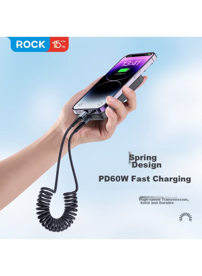Rock Dual-head Type-c Data Cable, Car Charging Cable, Spring-loaded Retractable Pd60w, Suitable For Apple Iphone 16 Pro Max/15, Huawei P70, Honor Carplay, Xiaomi - Image 2