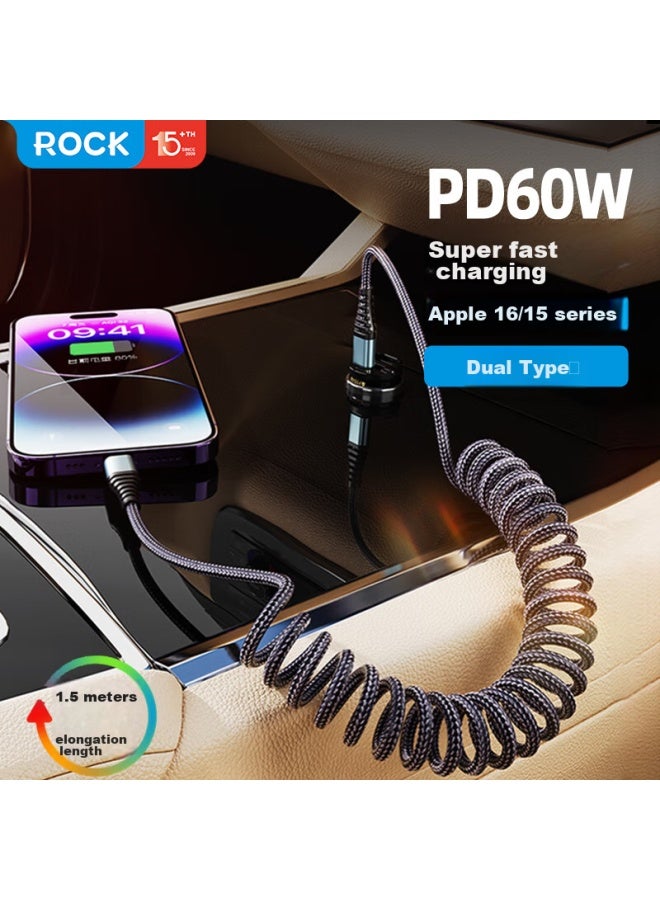 Rock Dual-head Type-c Data Cable, Car Charging Cable, Spring-loaded Retractable Pd60w, Suitable For Apple Iphone 16 Pro Max/15, Huawei P70, Honor Carplay, Xiaomi - Image 1