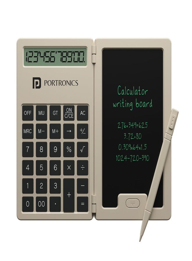 Portronics Ruffpad Calc Mini 2-in-1 Calculator & LCD Writing Pad with 5.5 Inches Tablet, 12 Digits, Foldable Design, Stylus Pen for Students, Birthday Gift, Kids Toys, School, Office(Beige) - Image 1