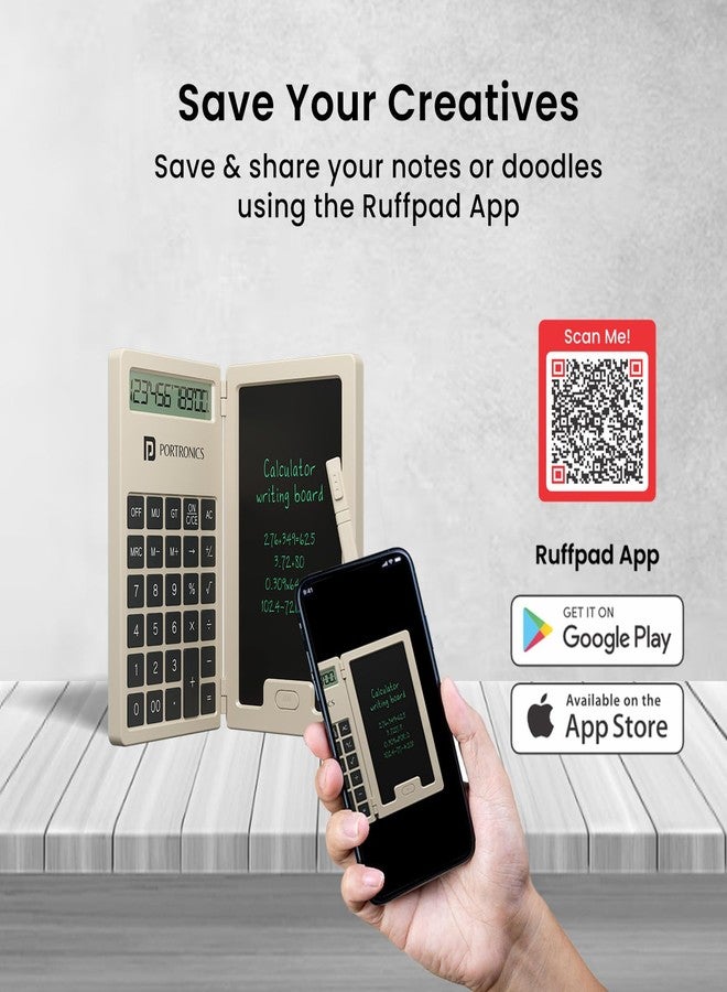 Portronics Ruffpad Calc Mini 2-in-1 Calculator & LCD Writing Pad with 5.5 Inches Tablet, 12 Digits, Foldable Design, Stylus Pen for Students, Birthday Gift, Kids Toys, School, Office(Beige) - Image 4