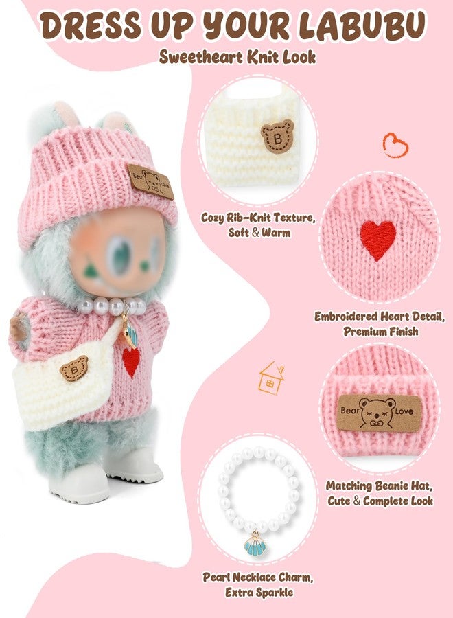 Evowatt Doll Outfits, Clothes for Labubu 17cm Doll, 4-Piece Knitted Labubu Clothes Doll Set – Heart Sweater, Beanie Hat, Mini Bag & Shell Necklace, Pink - Image 2