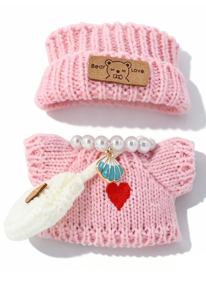 Evowatt Doll Outfits, Clothes for Labubu 17cm Doll, 4-Piece Knitted Labubu Clothes Doll Set – Heart Sweater, Beanie Hat, Mini Bag & Shell Necklace, Pink - Image 3