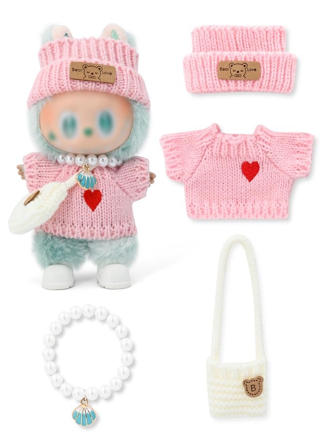 Evowatt Doll Outfits, Clothes for Labubu 17cm Doll, 4-Piece Knitted Labubu Clothes Doll Set – Heart Sweater, Beanie Hat, Mini Bag & Shell Necklace, Pink - Image 1