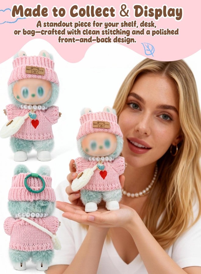 Evowatt Doll Outfits, Clothes for Labubu 17cm Doll, 4-Piece Knitted Labubu Clothes Doll Set – Heart Sweater, Beanie Hat, Mini Bag & Shell Necklace, Pink - Image 4